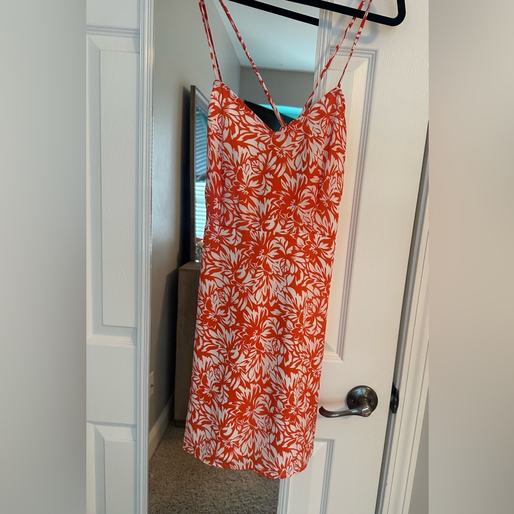 Lulus Dress -On The Riviera- Orange Floral Print Tie-Back & Straps Mini Dress M